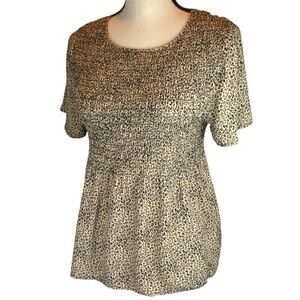 Kirious LA Leopard Print Smocked Bodice Flutter Sleeve‎ Babydoll Top, Medium